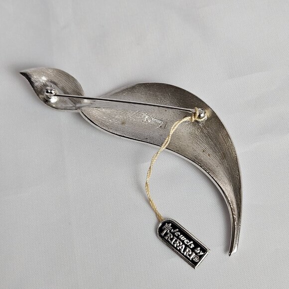 VTG Crwn Trifari Silver Leaf Brooch Pin Mid Century Modern Curved Feather Design - Picture 13 of 14